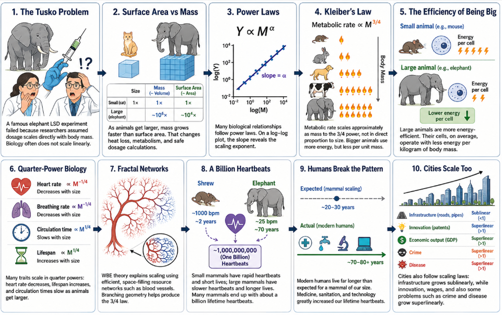 Storyboard explaining biological and urban scaling laws